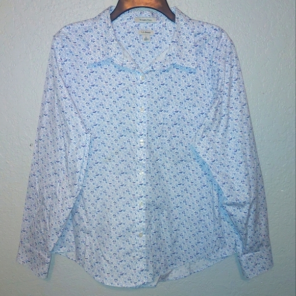 L.L. Bean Floral White/Blue/Pink Long Sleeve Button Up Shirt Size Large - Picture 1 of 5